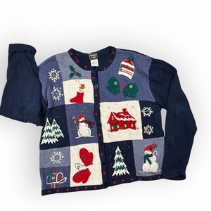 Southern‎ Lady Women’s Festive Christmas Patchwork Cardigan Navy White Red 3D